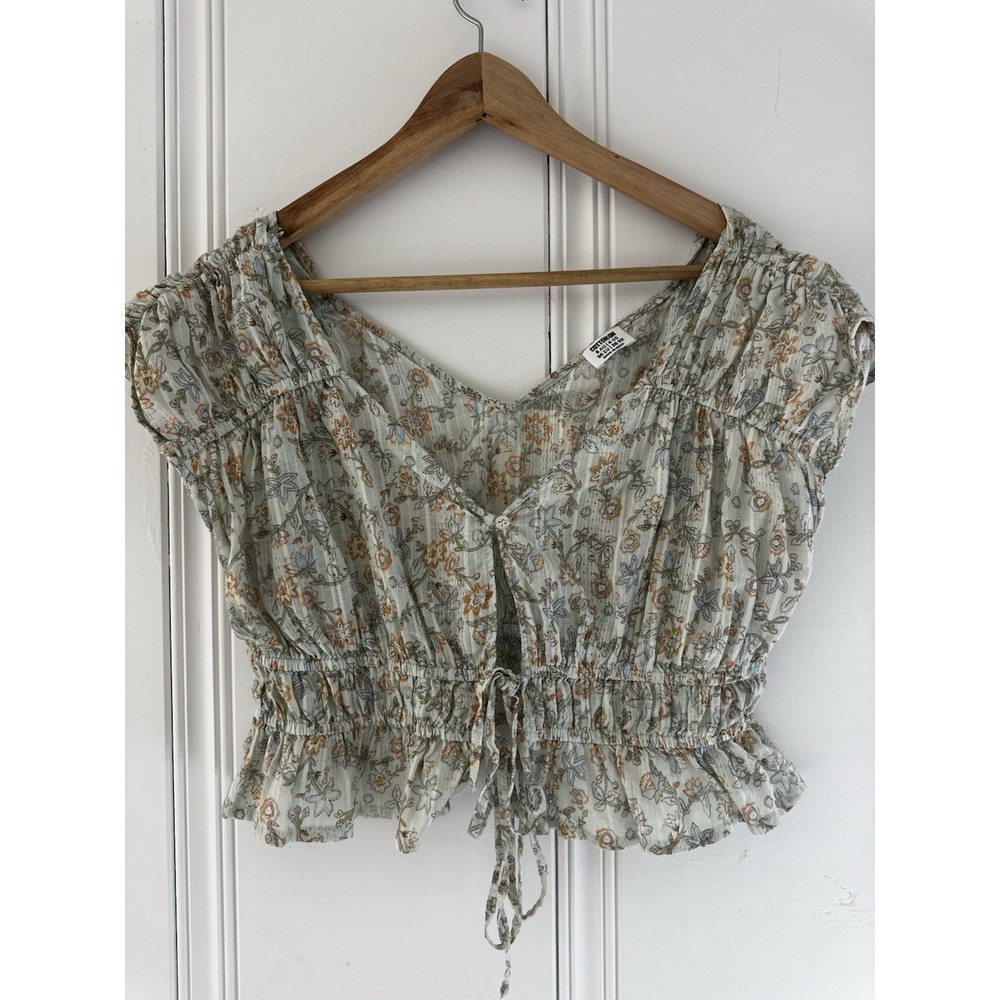 Cotton On Sage Green Floral Tie-Front Smocked Crop Top